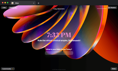 iWeb new tab dashboard with clock, search and widgets over a wallpaper
